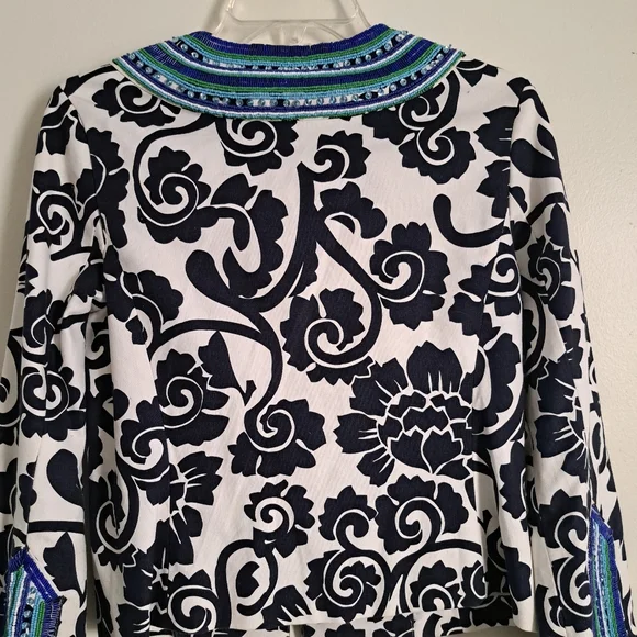 Tory Burch Beaded Collar‎ Floral Print Jacket Navy White Blue Green Women Size 6 - Picture 6 of 12